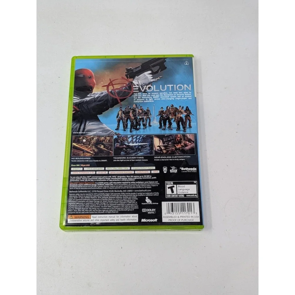 Brink‎ (Microsoft Xbox 360, 2011) Complete w/ Manual Tested Working
